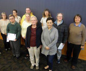 Pictured are some of the individuals honored at the Iowa City Public Library’s Annual Volunteer Recognition Event. Back row, left to right: Susan Carroll, Nancy Howe, Joel Barnhart, JoAnn Koskey, Beth Stence, and Ann Valenta. Front row, left to right: William Kurth, Donna Davis, Susanne Humphreys, and Maria Padron. 