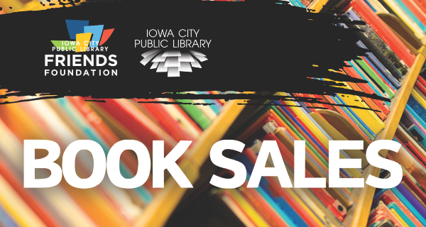 Colorful books behind book sale text and ICPL and ICPLFF logos