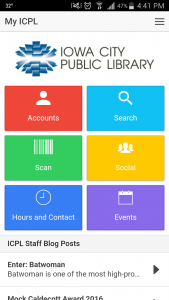 App interface - shows buttons for accounts, search, scan, social, hours & contact, and events