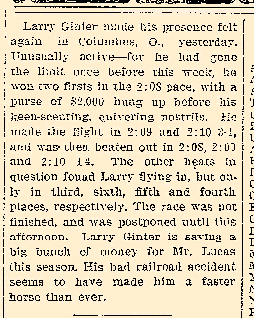 Article announcing that Larry Ginter raced well at the Ohio State Fair (from Iowa City Daily Press (9/23/1905) p.5)