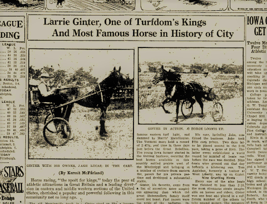 Headline from a retrospective on Ginter in the Iowa City Press Citizen from 7/8/1926 p.11