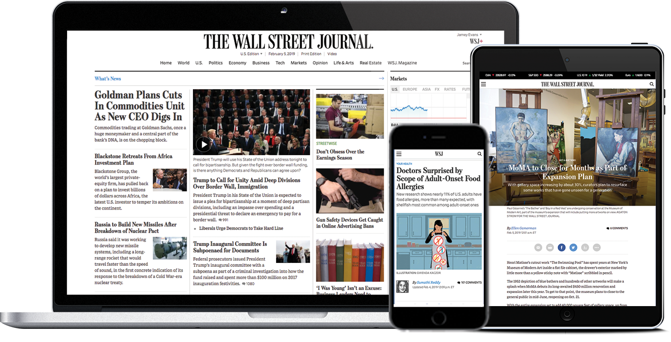 Image of Wall Street Journal website displayed on different devices