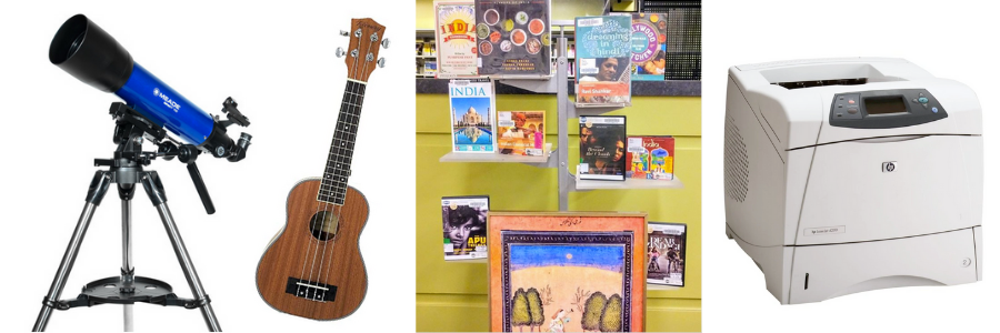 telescope, ukulele, books, DVDs, artwork, printer