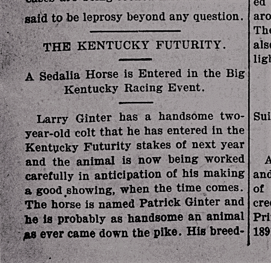 Article from the Sedalia Weekly Standard (7/5/1900) about Missouri horse farmer, Larry Ginter 