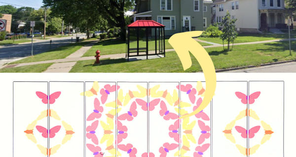 iowa city climate action matters, photo of a bus stop, design of pink and yellow insects