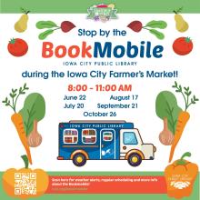 Stop by the BookMobile during the Iowa City Farmer's Market! 8 to 11 a.m. June 22, July 20, August 17, September 21, October 26. Iowa City Public Library. Scan here for weather alerts, regular scheduling and more info about the Bookmobile! (QR code pictured.) Link: icpl.org/bookmobile