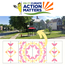 iowa city climate action matters, photo of a bus stop, design of pink and yellow insects